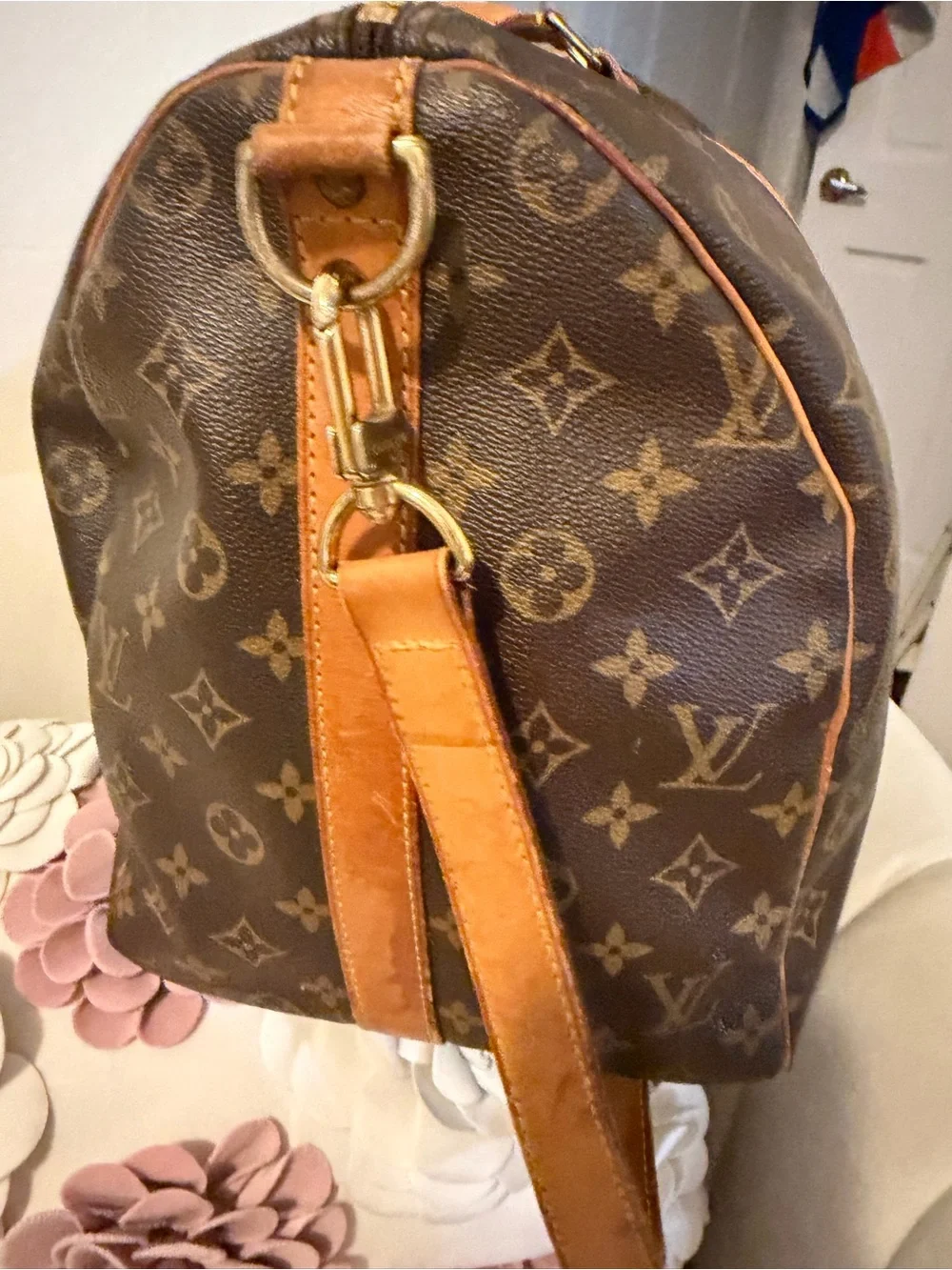 Louis Vuitton Brown Monogram Canvas Duffel with Tan Leather Handles